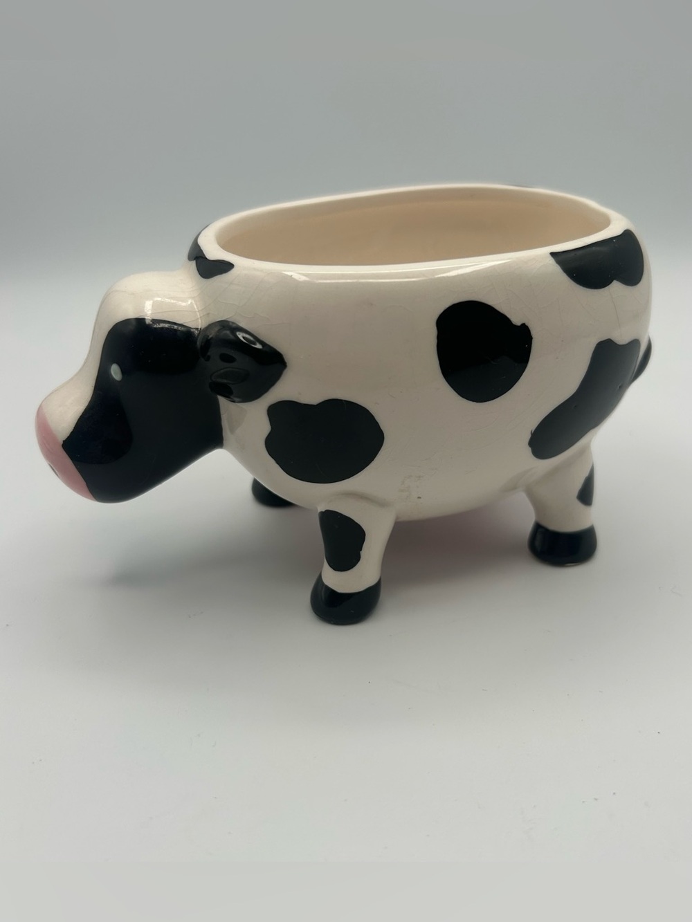 VTG Boston Warehouse Ceramic Cow Dip Bowl Planter Black White Farmhouse Cottage